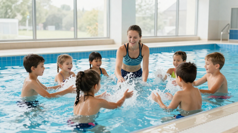 Verschiedene Schwimmhilfen im Überblick – Schwimmflügel, Schwimmgürtel, Schwimmnudel und Schwimmbrett im Vergleich Kinder nehmen an einem Schwimmkurs im Hallenbad teil und fördern unter Anleitung einer Trainerin spielerisch ihre motorische Entwicklung, Koordination, Beweglichkeit und sozialen Fähigkeiten im Wasser.